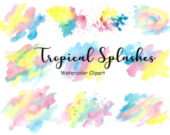 Tropical Watercolor Splashes and Splotches Clipart, 10 Rainbow Splat Hand Painted Graphics, PNG Digital Watercolor Shapes, Commercial Use