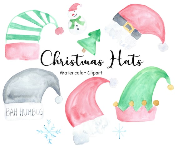 Christmas Hats Clipart, Watercolor Santa Hats Clipart, Hand