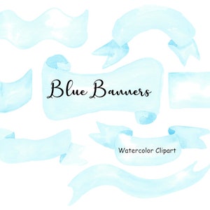 Blue Banners Watercolor Clipart, Ribbon Banners Clip Art, 8 Hand Painted PNG Watercolor Graphics Commercial Use, Instant Digital Download