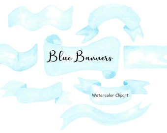 Blue Banners Watercolor Clipart, Ribbon Banners Clip Art, 8 Hand Painted PNG Watercolor Graphics Commercial Use, Instant Digital Download