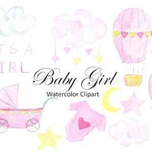 Baby Girl Watercolor Clipart, Pink Baby Shower Clip Art Invitation, Nursery PNG, Printable Art, Instant Download