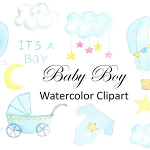 Baby Boy Watercolor Clipart, Blue Baby Shower Clip Art Invitation, Nursery PNG, Printable Art, Instant Download