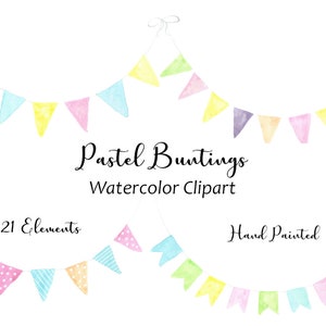 Pastel Bunting Watercolor Clipart, Birthday Banner Clipart, Commercial Use, 21 Hand Painted Watercolor PNG Graphics, Digital Download
