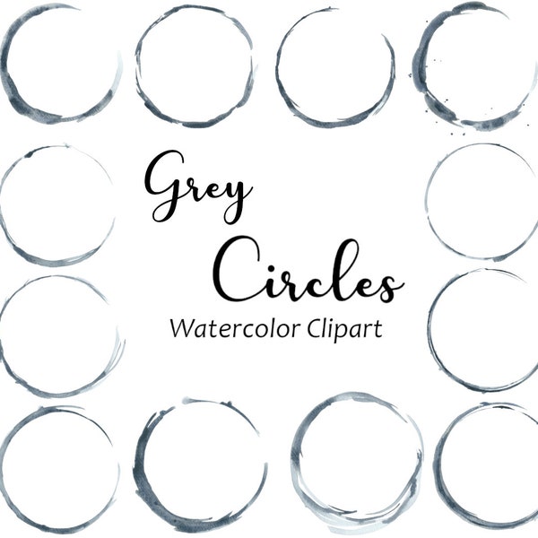 Grey Circle Frames Watercolor Clipart, Round Digital Frame, Logo Clipart, Hand Painted PNG Frames Graphics, Grunge Circle, Digital Download