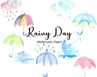 Watercolor Umbrellas and Rain Clipart, Rainy Day Clip Art, 10 Hand Painted PNG Watercolor Weather Graphics, Commercial Use, Digital Images
