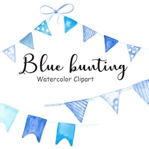 Blue Bunting Watercolor Clipart, Birthday Banner Clipart, Commercial Use, 22 Hand Painted Watercolor PNG Graphics, Digital Download