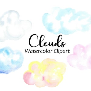 Watercolor Clouds Clipart, Sky, Weather Clip Art, 5 Hand Painted PNG Watercolor Graphics, Commercial Use, Instant Digital Download