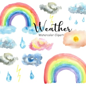 Watercolor Weather Clipart, 14 Hand Painted PNG Watercolor Graphics, Commercial Use, Rainbow Cloud Rain Lightning Sun Icons, Digital Images