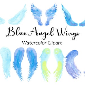 Blue Angel Wings Watercolor Clipart, Fantasy Clip Art, Grafica PNG ad acquerello dipinta a mano, Download digitale istantaneo