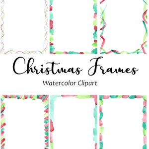 Christmas Watercolor Frames Clipart, 6 Hand Painted Watercolor Xmas Holiday PNG Frames, Watercolor Frames Graphics, Instant Digital Download