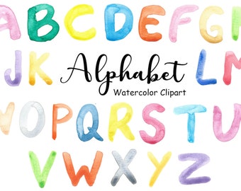 Watercolor Alphabet Clipart, 26 Hand Painted PNG Watercolor Graphics, Letters Name Clip Art Commercial Use, Digital Images