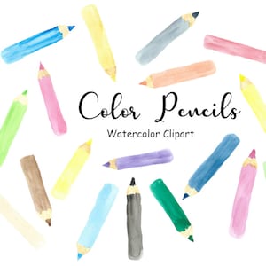 Watercolor Color Pencil Clipart, School Teachers Clip Art, 20 Hand Painted PNG Watercolor Graphics Commercial Use, Digital Images