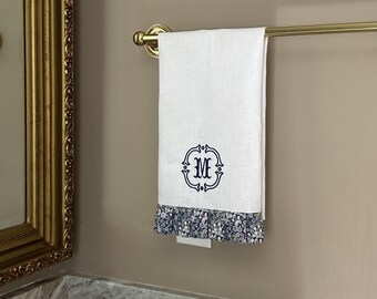 Custom Embroidered Linen Hand Towel, Liberty of London, Monogram, Pleated