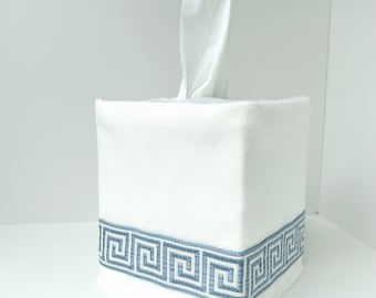 Custom  Tissue Box Cover with Blue Greek Key Trim