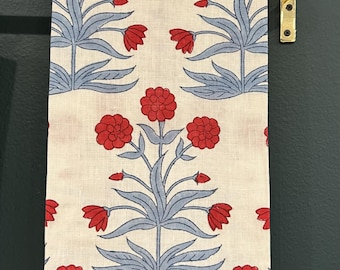 Schumacher Mughal Hand Block Print Crimson Sky Custom Hand Towel with a red banding.