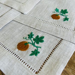 Custom Embroidered Linen Cocktail Napkins - Pumpkin - Halloween - Hem Stitched - Set of 4