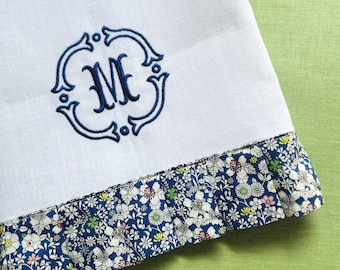 Custom Embroidered Linen Hand Towel, Liberty of London, Tana Lawn, Monogram, Pleated