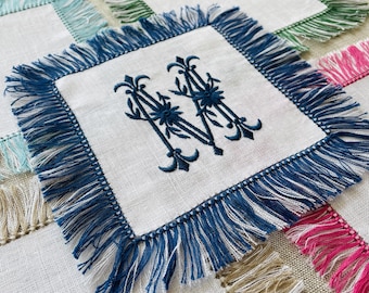 Monogrammed Fringed European Linen Cocktail Napkins  SOLD INDIVIDUALLY