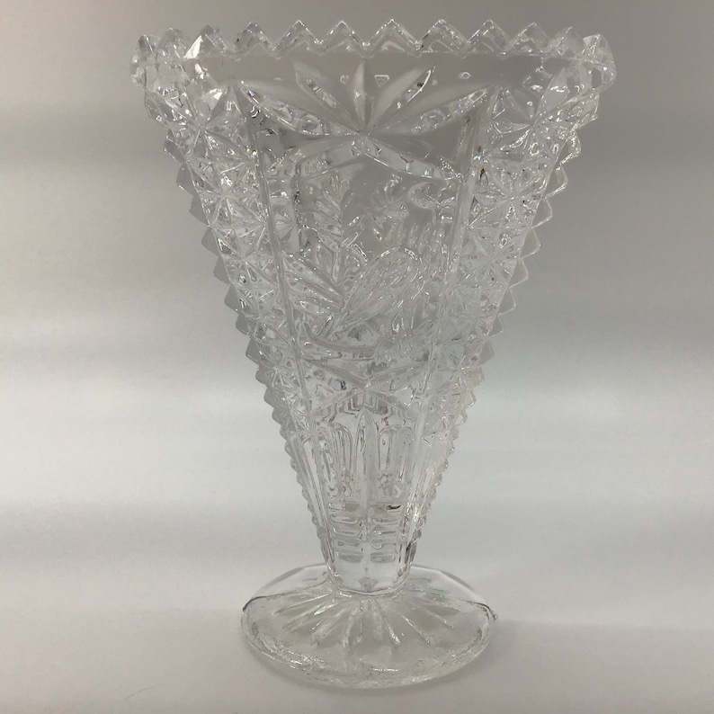 Vintage Clear Glass Fan Vase With Bird Etsy