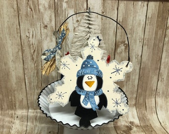 Vintage Hand Painted Wood Snowflake Penguin Christmas Ornament
