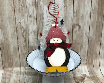 Vintage Hand Painted Wood Penguin in Red Hat Christmas Ornament