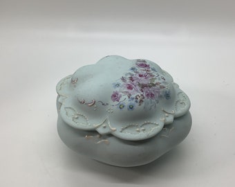 Vintage Light Blue Vanity Dish With Hand Painted Flowers