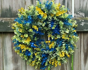 Eucalyptus Wreath Blue Yellow Greenery Wreath Artificial 15"