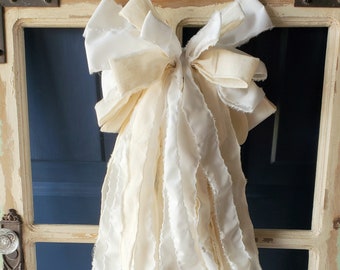 Rag Bow White Cotton and Muslin Wedding Decor 9" x 18"