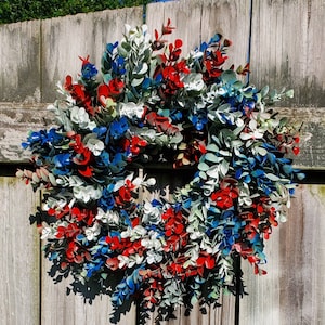 Patriotic Wreath Eucalyptus Red White Blue Artificial Wreath Farmhouse Wreath