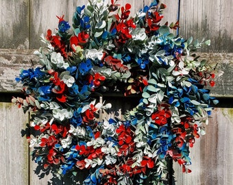 Patriotic Wreath Eucalyptus Red White Blue Artificial Wreath Farmhouse Wreath