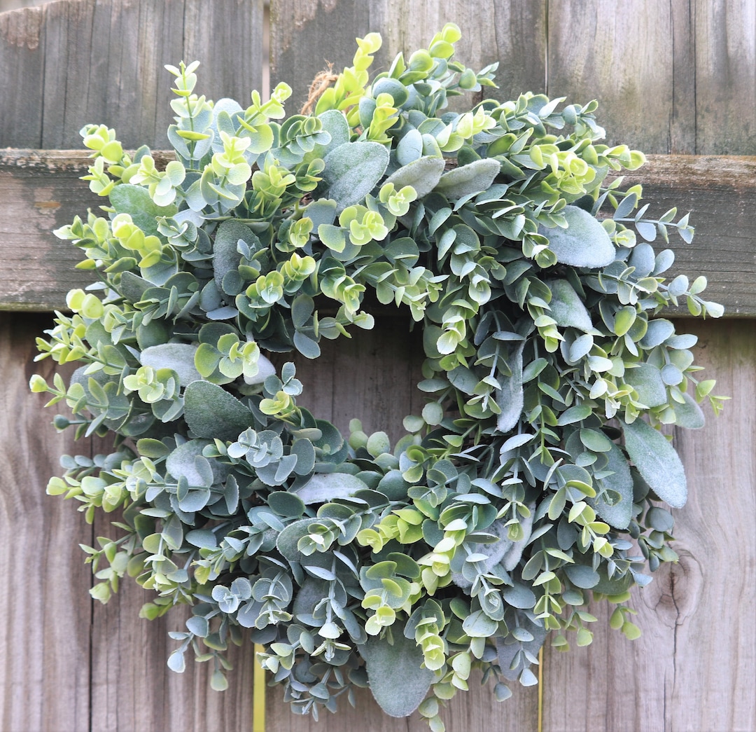 Eucalyptus Lambs Ear Grapevine Wreath Year Round Wreath 15" Artificial ...