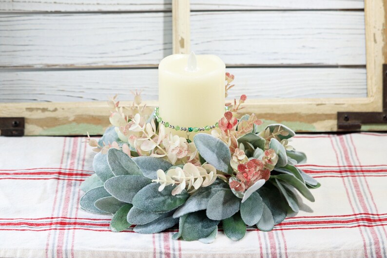 10in Winter Lambs Ear Candle Ring Artificial Peppermint Etsy
