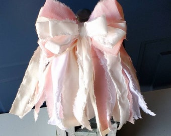 One Set of 2 Small Rag Bows White Ivory and Pale Pink Cotton Fabric Country Cottage Wedding