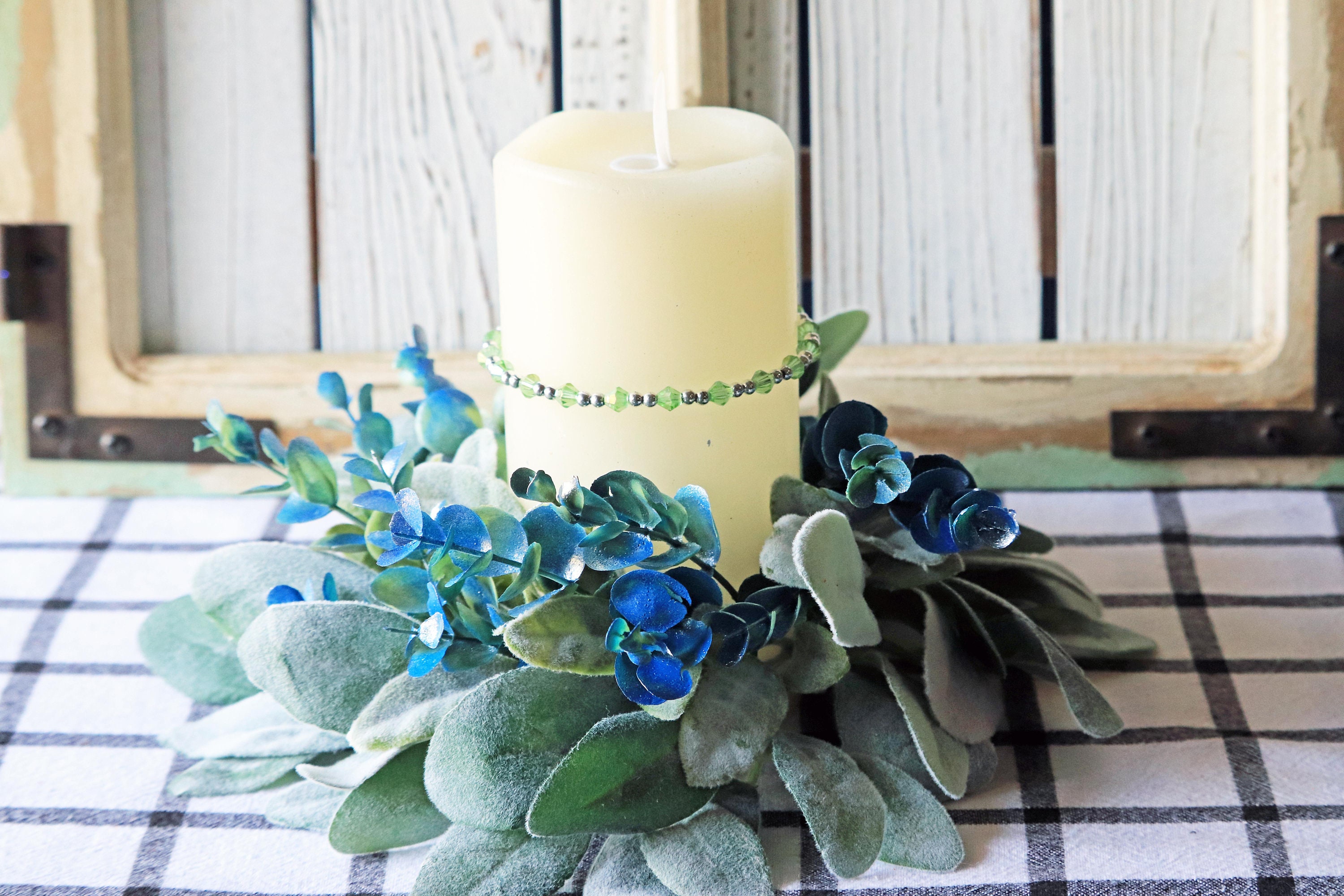 Lambs Ear Candle Ring Blue Silver Eucalyptus Artificial Etsy