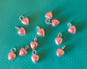 4mm Pink Heart Charms (12 Beads) Pink Heart Beads, Pink Pearl Beads