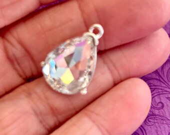 3 Crystal Charms (3 Charms) Clear CZ  Charms,  Tear Drop Charms