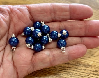 10mm Navy Faux Pearl Charms (12 Beads) Dark Blue Pearl Dangle Charms,  Blue Pendant Charms