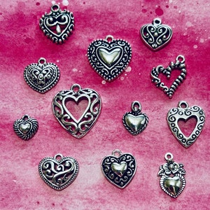 Assorted Heart Charms (12 or 16 Charms) Sterling Silver Plated Heart Charms