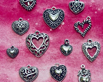 Assorted Heart Charms (12 or 16 Charms) Sterling Silver Plated Heart Charms, Valentines Day Charms