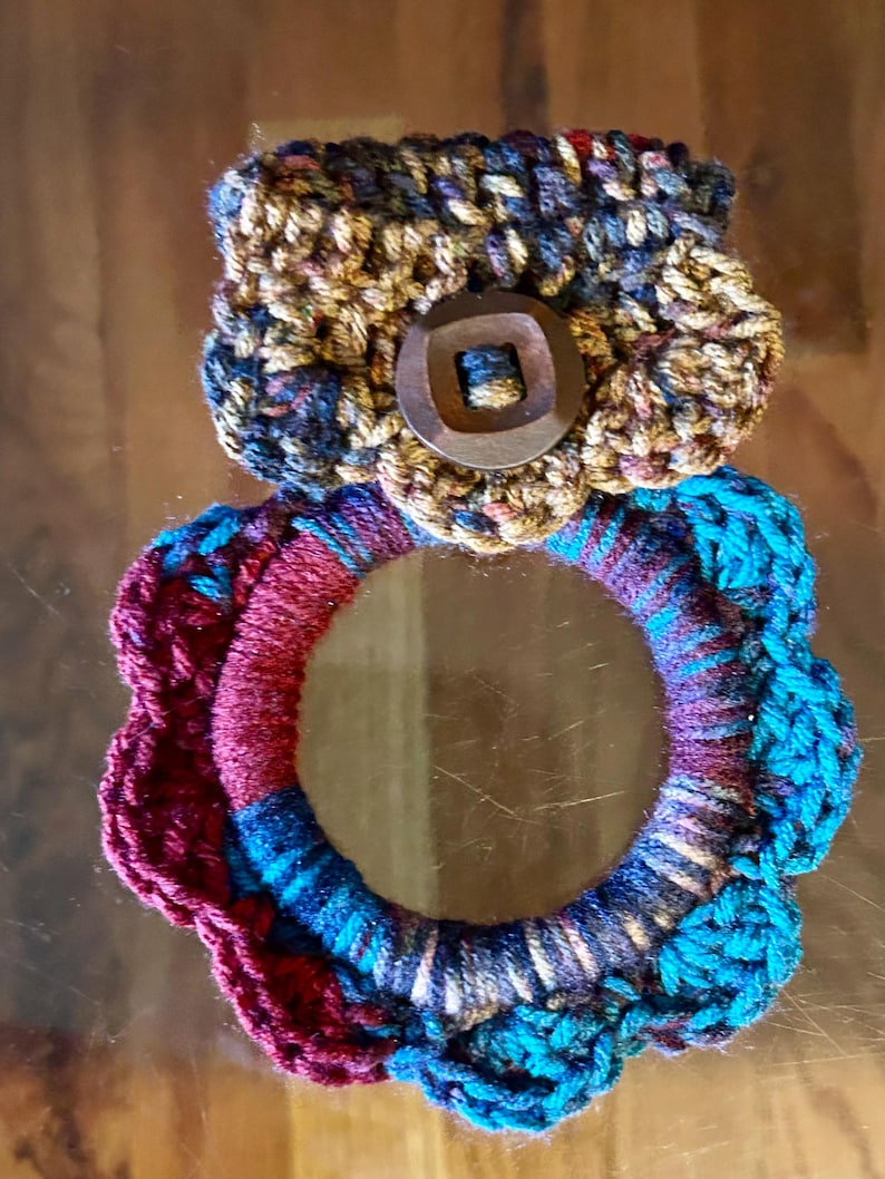 Stove Handle Crocheted Kitchen Towel Holder (9 Colors) Handmade Crocheted Kitchen Towel Holder, Farm House Decor Multi -Tan/Burg/Turq