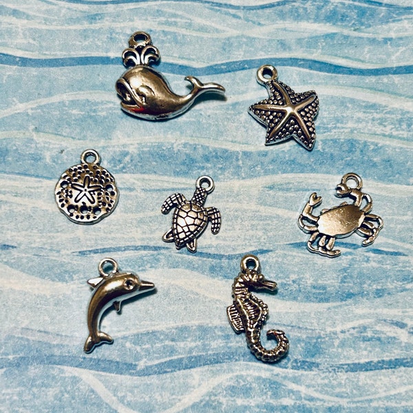 Sea Life Charm Assortment, mix of 7 or 12 Charms, Sea Turtle Charms, Sand Dollar Charms, Crab Charms