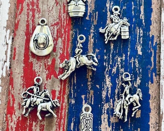 Rodeo Charm Assortment (7 Charms) Bull Rider Charm, Calf Roper Charm, Barrel Racer Charm