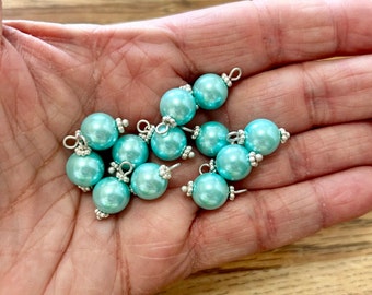 10mm Aqua Faux Pearl Bead Charms (12 Beads)  Turquoise Bead Charms, Aqua Dangle Charm, Aquamarine Pearl Pendant