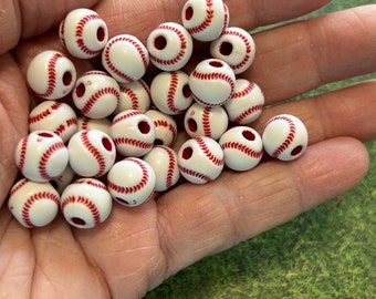 10mm Baseball Beads (12 or 24) white Baseball Beads, Acrylic Baseball Beads