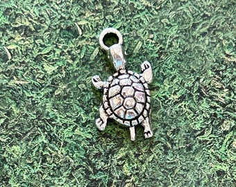 May include: A silver charm in the shape of a turtle. The turtle has a detailed shell and is standing on its hind legs.
