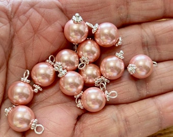 10mm Pink Faux Pearl Charms (12 Beads) Pink Bead Drop Charms, Rose Dangle Bead Charms, Pink Pearl Bead Charms