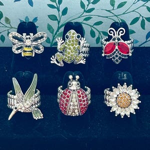 May include: Six silver rings with different animal and nature designs. The rings feature a bee, frog, ladybug, hummingbird, sunflower, and a red ladybug. The rings are set on a black background.