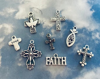 FAITH Cross Charm Assortment (8 Charms) Jesus Charms, Christian Charms