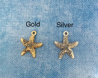 Gold Star Fish Charms, Silver Star Fish Charms, 6 or 12 Charms