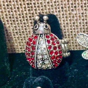 May include: A silver ring with a red and white ladybug design. The ladybug has rhinestones for eyes and spots.